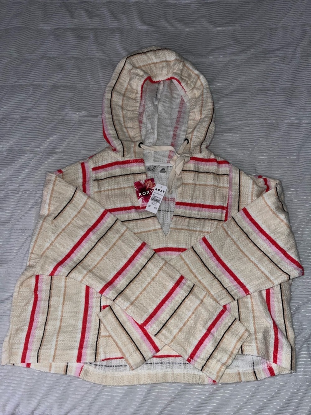 Roxy Cream Hoodie/Poncho with Pink & Brown Stripes